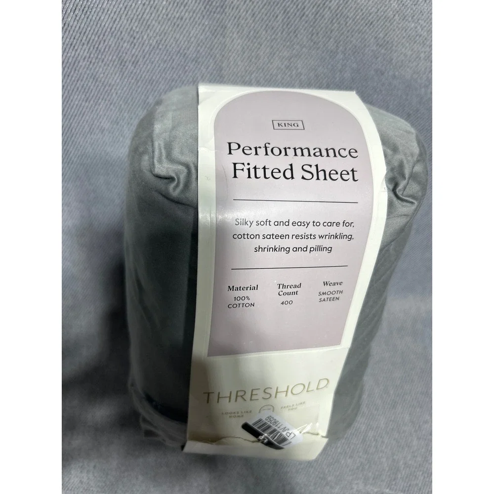 Threshold King Performance Fitted Sheet 400 Thread Count Gray Cotton Sateen